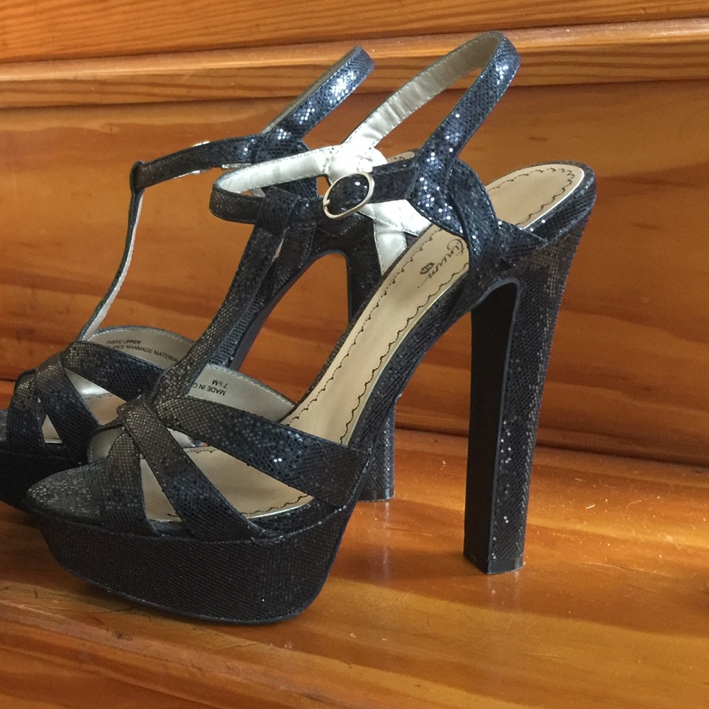 Black sparkly heels, Platinum BP platform